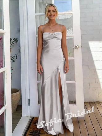Sexy Soft Satin Spaghetti Straps Sleeveless Side Slit Mermaid Maxi Prom Dress, PD01175