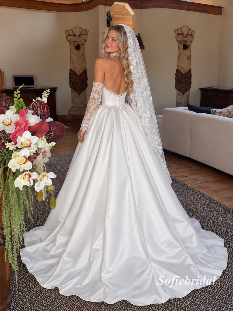 Strapless Satin Ballgown Wedding Dress, Detachable Long Lace Sleeves Bridal Gown, SFWD0130