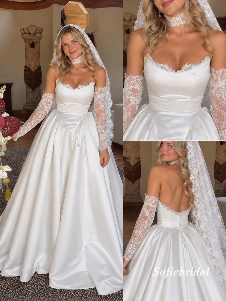 Strapless Satin Ballgown Wedding Dress, Detachable Long Lace Sleeves Bridal Gown, SFWD0130