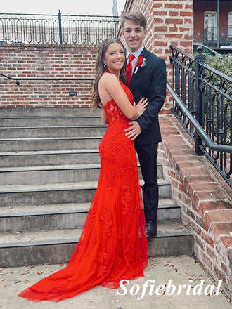 Sexy Red Lace And Tulle Halter V-Neck Sleeveless Mermaid Long Prom Dresses, PD0999