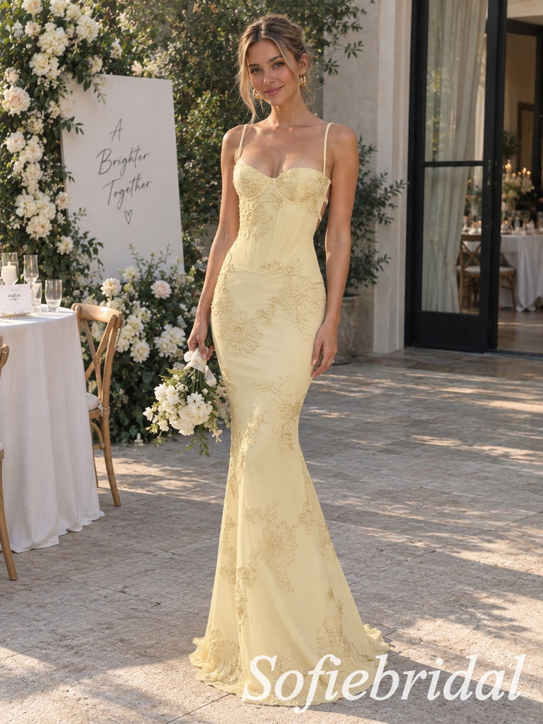 Soft Yellow 3D Floral Lace Spaghetti Strap Corset Mermaid Wedding Dress, PD1333