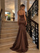 Chocolate Spaghetti Strap Satin Mermaid Evening Dress, Low Back Fitted Formal Prom Gown, PD13927
