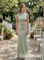 Sage Green Crepe Sleeveless Bateau Neck Lace Cutout Waist Floor Length Mermaid Bridesmaid Gown, SFWG00717