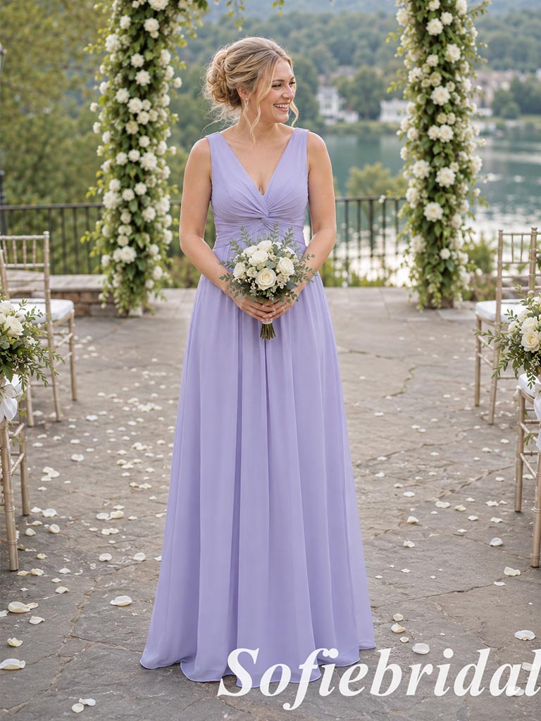 Lavender Chiffon V-Neck Sleeveless Twist Waist  Floor Length Bridesmaid Dress, SFWG00644