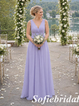 Lavender Chiffon V-Neck Sleeveless Twist Waist  Floor Length Bridesmaid Dress, SFWG00643