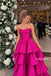 Hot Pink Strapless Satin Tiered A-Line Gown, Ruffle Layer Formal Evening Dress, PD13936