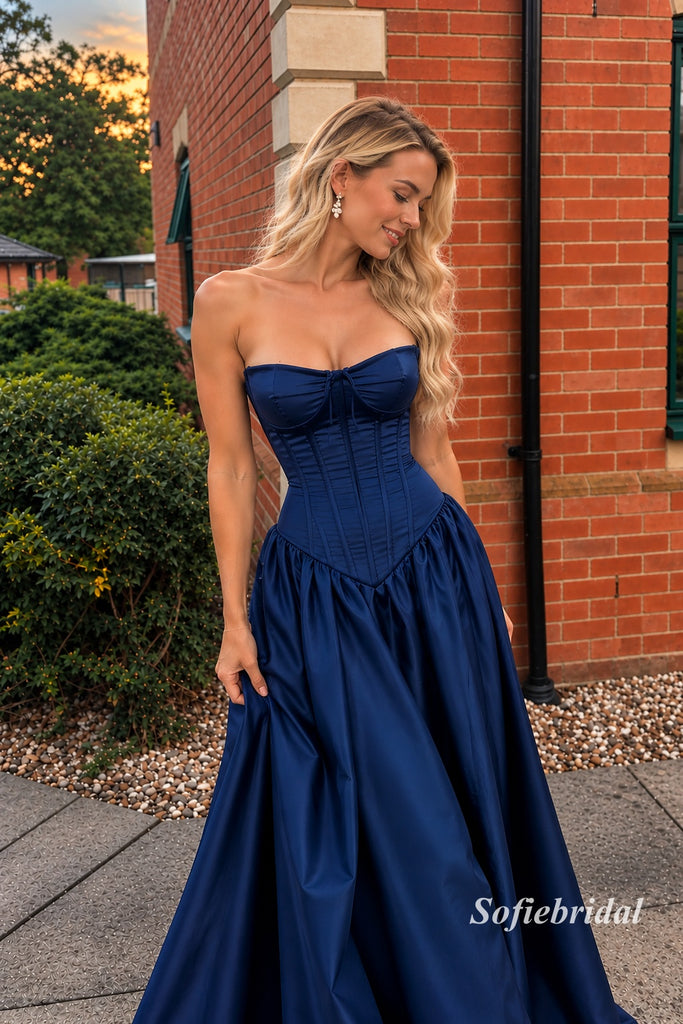 Navy Strapless Corset A-Line Satin Gown, Sweetheart Ruched Formal Prom Dress, PD13946