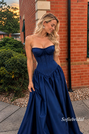 Navy Strapless Corset A-Line Satin Gown, Sweetheart Ruched Formal Prom Dress, PD13946