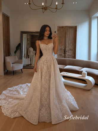 Spaghetti Strap Sweetheart Lace Corset A-Line Wedding Dress, Lace Choker Bridal Gown, SFWD0143
