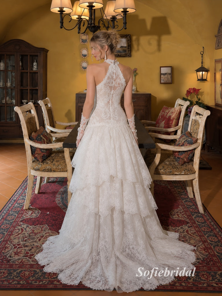 Halter Sweetheart Tiered Lace Wedding Dress, Detachable Lace Gloves Corset Bridal Gown, SFWD0149