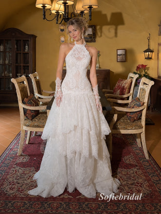 Halter Sweetheart Tiered Lace Wedding Dress, Detachable Lace Gloves Corset Bridal Gown, SFWD0149