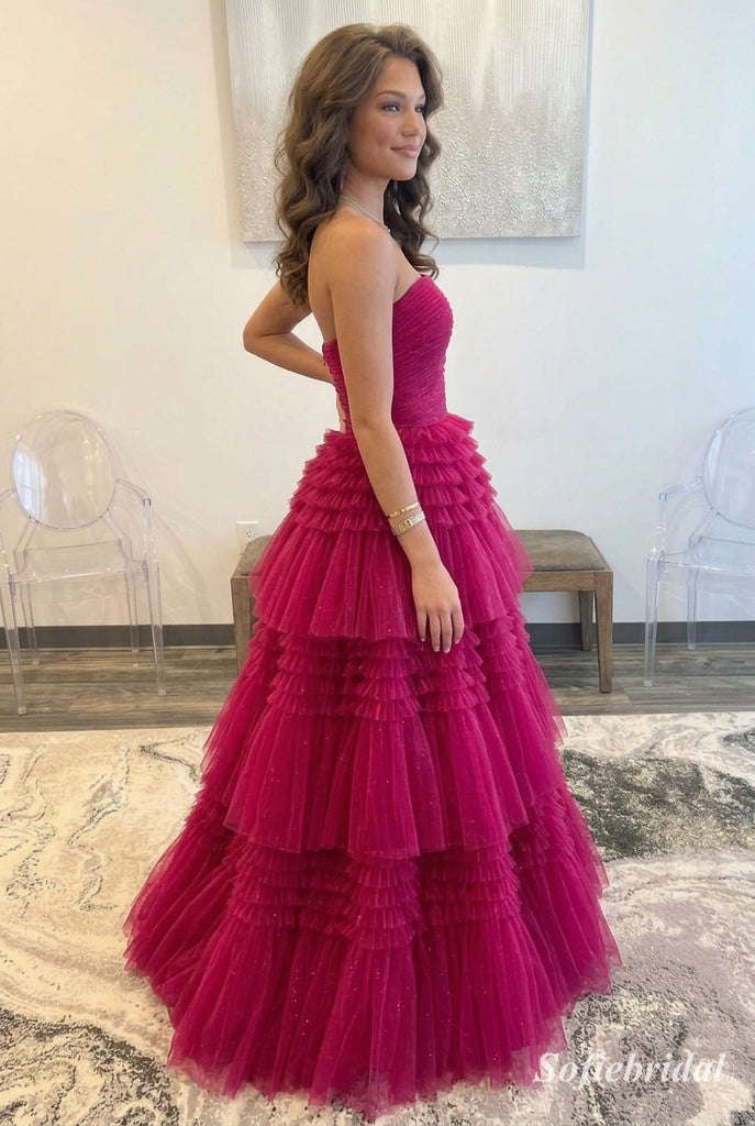 Fuchsia Glitter Tulle Sweetheart Strapless Tiered Ruffle A-Line Floor Length Evening Dress, PD13887