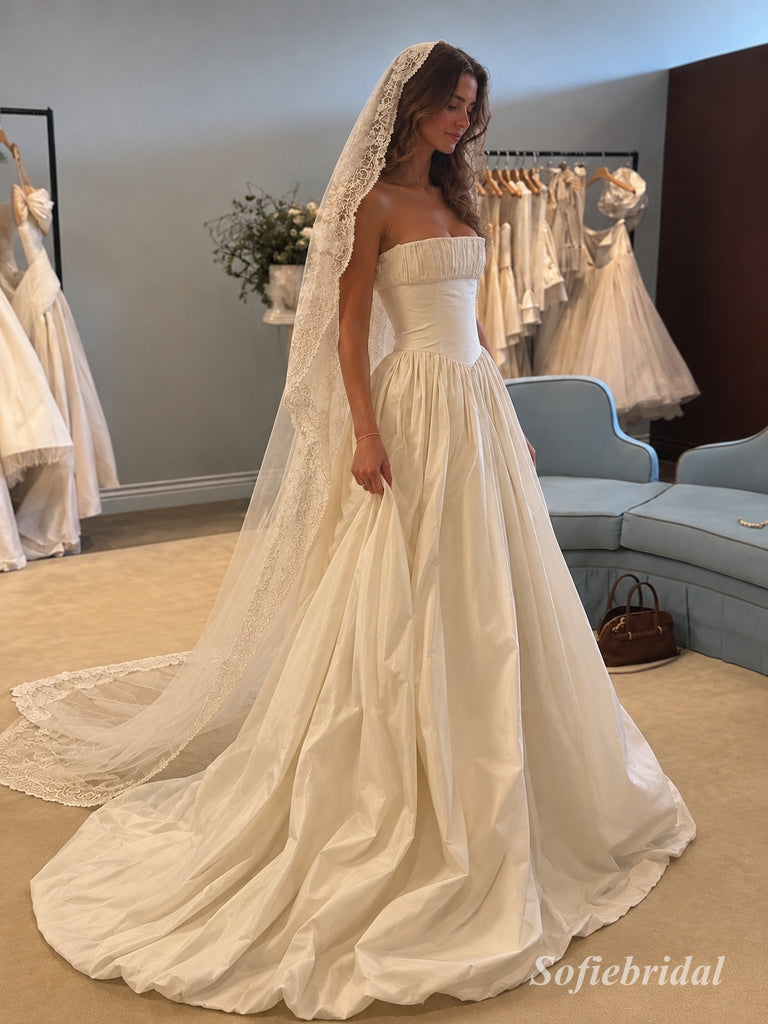 Strapless Vintage Satin A-Line Wedding Dress, Ruched Bodice Floor Length Bridal Gown With Lace Veil,SFWD0116