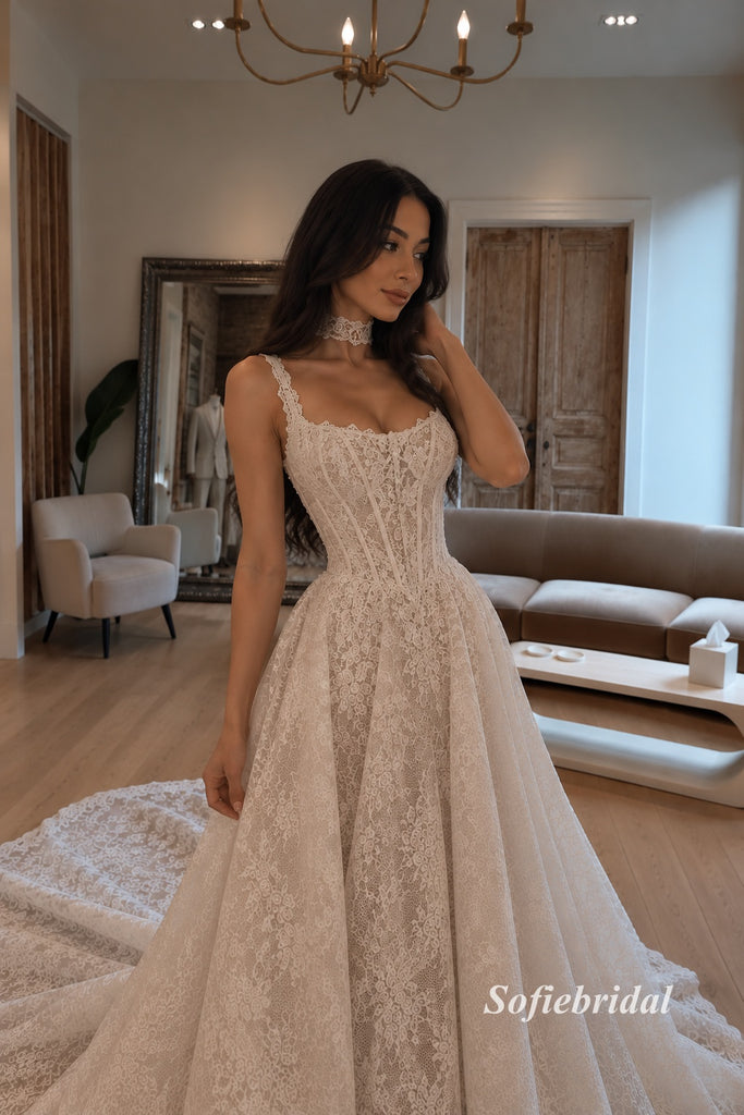 Spaghetti Strap Sweetheart Lace Corset A-Line Wedding Dress, Lace Choker Bridal Gown, SFWD0143