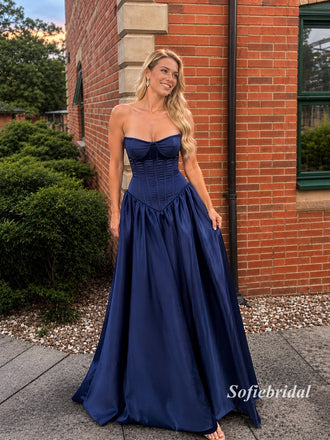 Navy Strapless Corset A-Line Satin Gown, Sweetheart Ruched Formal Prom Dress, PD13946