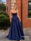 Navy Strapless Corset A-Line Satin Gown, Sweetheart Ruched Formal Prom Dress, PD13946