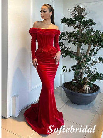 Sexy Rust Velvet Off Shoulder Long Sleeves Mermaid Long Prom Dresses, PD0962
