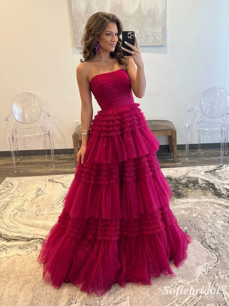 Fuchsia Glitter Tulle Sweetheart Strapless Tiered Ruffle A-Line Floor Length Evening Dress, PD13887
