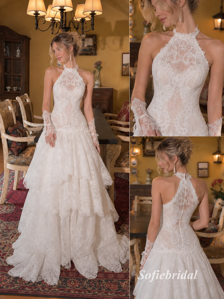 Halter Sweetheart Tiered Lace Wedding Dress, Detachable Lace Gloves Corset Bridal Gown, SFWD0149
