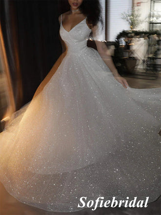 Sparkly Spaghetti Straps V-Neck Sleeveless A-Line Prom Dress, PD01028