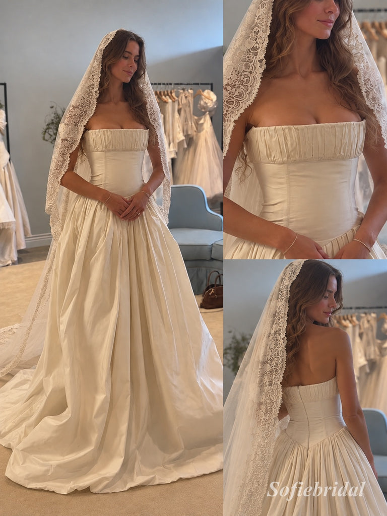 Strapless Vintage Satin A-Line Wedding Dress, Ruched Bodice Floor Length Bridal Gown With Lace Veil,SFWD0116