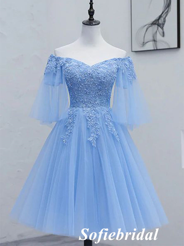 Elegant Blue Tulle And Lace Off Shoulder A-line Mini Dresses/ Homecoming Dresses, HD0318