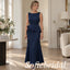 Navy Crepe Boat Neck Sleeveless Mother Of The Bride Gown With 3D Floral Peplum, SFM022