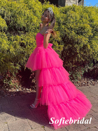 Sexy Sweetheart Gummy Pink Tulle Sleeveless High Low A-Line Floor Length Prom Dress, PD01090