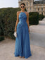 Elegant Chiffon Halter Sleeveless A-Line Maxi Prom Dress/Graduation Dresses With 3D Flower, PD01193