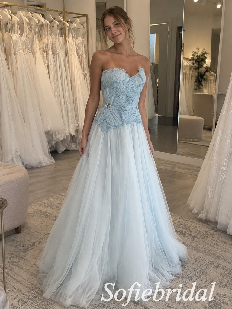 Light Blue Tulle Strapless Sweetheart Neck Pleated Ruffled Bodice Crystal Embellished Floor Length A-Line Bridesmaid Gown,PD1351