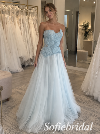 Light Blue Tulle Strapless Sweetheart Neck Pleated Ruffled Bodice Crystal Embellished Floor Length A-Line Bridesmaid Gown,PD1351