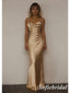 Sexy Champagne Gold Satin Spaghetti Straps Cowl Neck Backless Maxi Formal Dress, PD01268