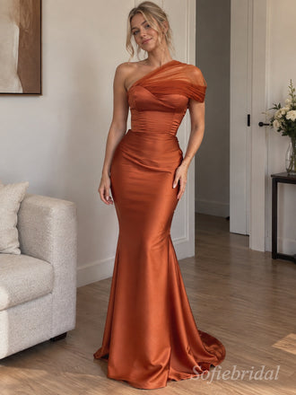 Caramel Satin One Shoulder Pleated Bodice Floor Length Mermaid Bridesmaid Dress, SFWG00722