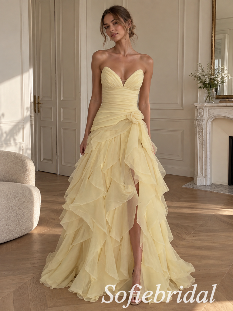 Pale Yellow Tulle Strapless Sweetheart Neck Ruched Bodice 3D Floral Ruffled Slit Floor Length A-Line Bridesmaid Gown,PD1350