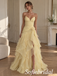 Pale Yellow Tulle Strapless Sweetheart Neck Ruched Bodice 3D Floral Ruffled Slit Floor Length A-Line Bridesmaid Gown,PD1350