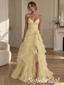 Pale Yellow Tulle Strapless Sweetheart Neck Ruched Bodice 3D Floral Ruffled Slit Floor Length A-Line Bridesmaid Gown,PD1350