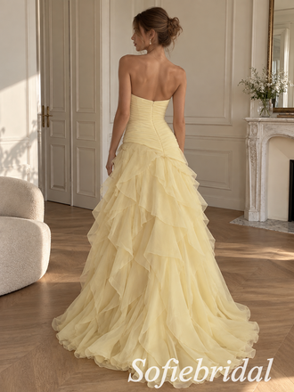 Pale Yellow Tulle Strapless Sweetheart Neck Ruched Bodice 3D Floral Ruffled Slit Floor Length A-Line Bridesmaid Gown,PD1350