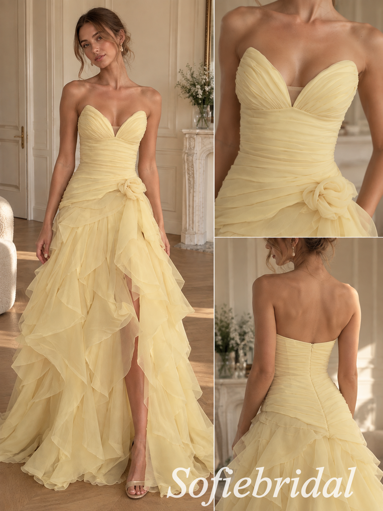 Pale Yellow Tulle Strapless Sweetheart Neck Ruched Bodice 3D Floral Ruffled Slit Floor Length A-Line Bridesmaid Gown,PD1350