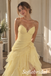 Pale Yellow Tulle Strapless Sweetheart Neck Ruched Bodice 3D Floral Ruffled Slit Floor Length A-Line Bridesmaid Gown,PD1350
