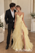 Pale Yellow Tulle Strapless Sweetheart Neck Ruched Bodice 3D Floral Ruffled Slit Floor Length A-Line Bridesmaid Gown,PD1350