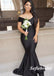 Elegant Black Soft Satin Off Shoulder V-Neck Mermaid Floor Length Bridesmaid Dresses, SFWG00580