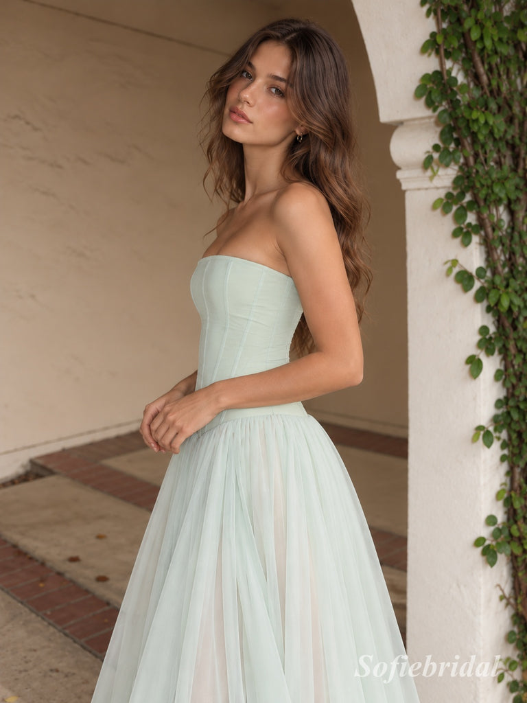 Sage Strapless Tulle A Line Dress, Corset Floor Length Formal Gown,PD13896