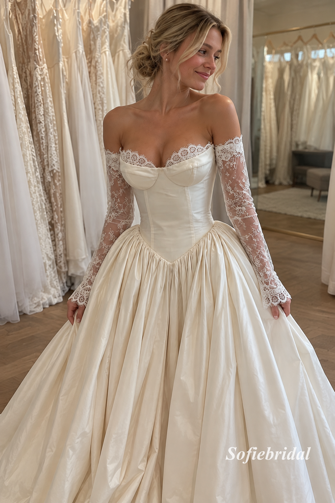 Off The Shoulder Lace Sleeve Corset Satin Ballgown Wedding Dress, SFWD0131