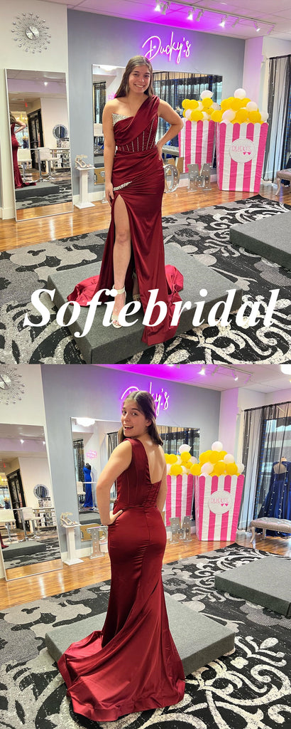 Sexy Soft Satin One Shoulder Sleeveless Side Slit Mermaid Floor Length Prom Dress, PD01096
