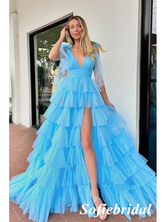 Sexy Blue Tulle Spaghetti Straps V-Neck Sleeveless Side Slit A-Line Floor Length Prom Dress, PD01059
