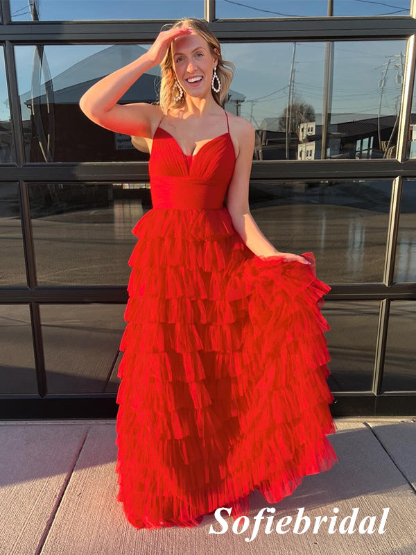 Sexy Red Tulle Spaghetti Straps V-Neck Sleeveless A-Line Floor Length Prom Dress, PD01097