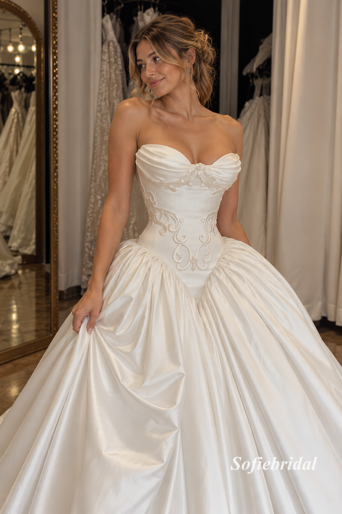 Strapless Sweetheart Satin Corset Ballgown Wedding Dress, Embroidery Bridal Gown with Train, SFWD0132