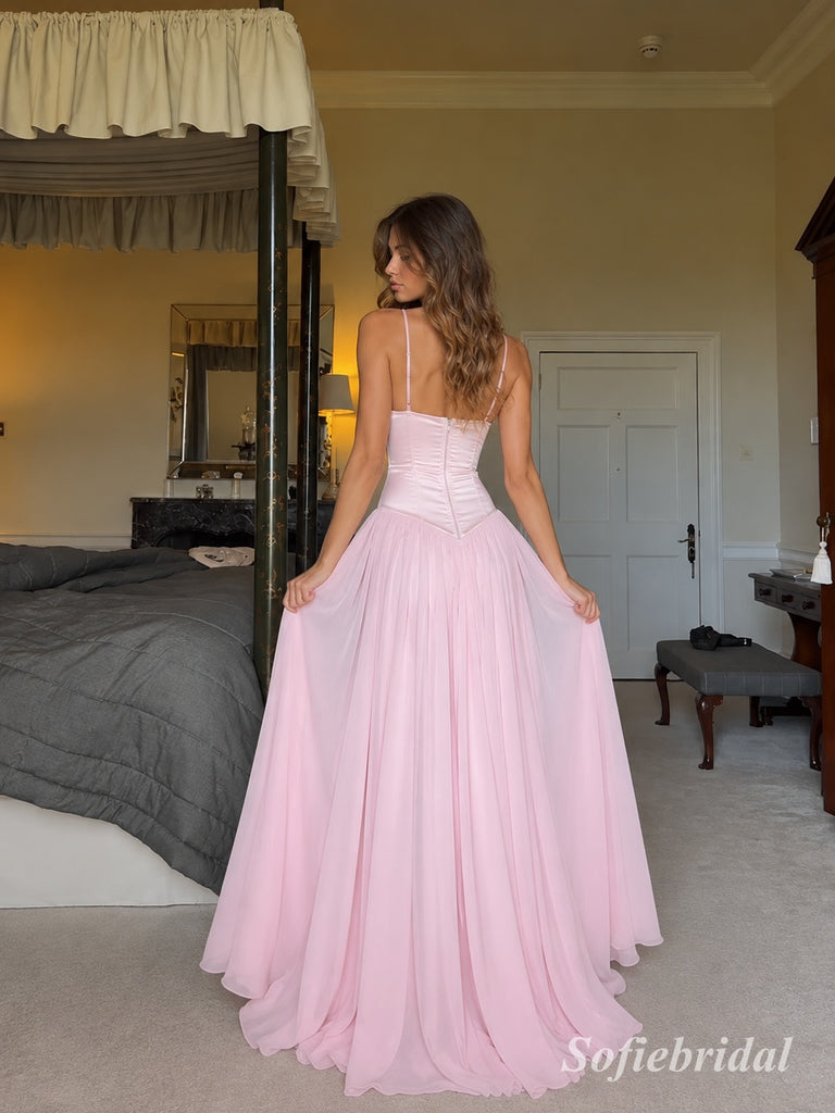 Blush Spaghetti Strap Satin Corset Tulle Dress, Sweetheart Floor Length Formal Gown,PD13897