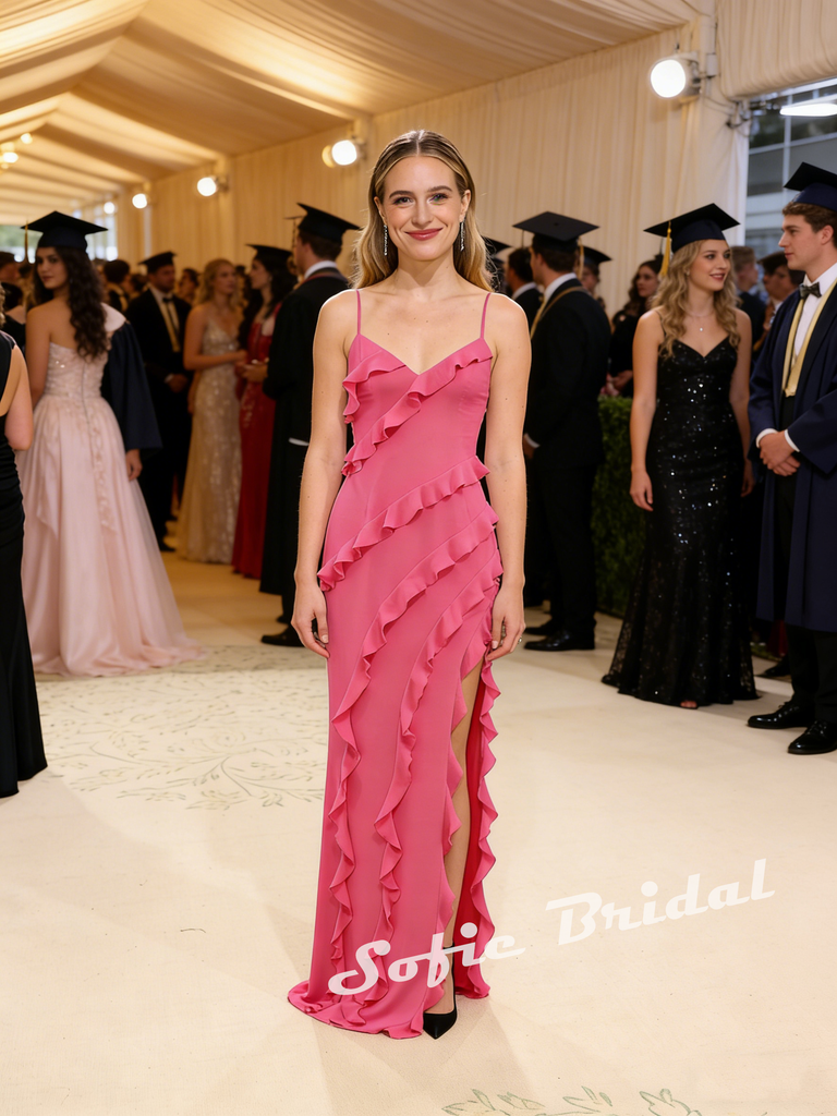 Sexy Chiffon Spaghetti Straps Sleeveless Side Slit Mermiad Maxi Prom Dress, PD01167