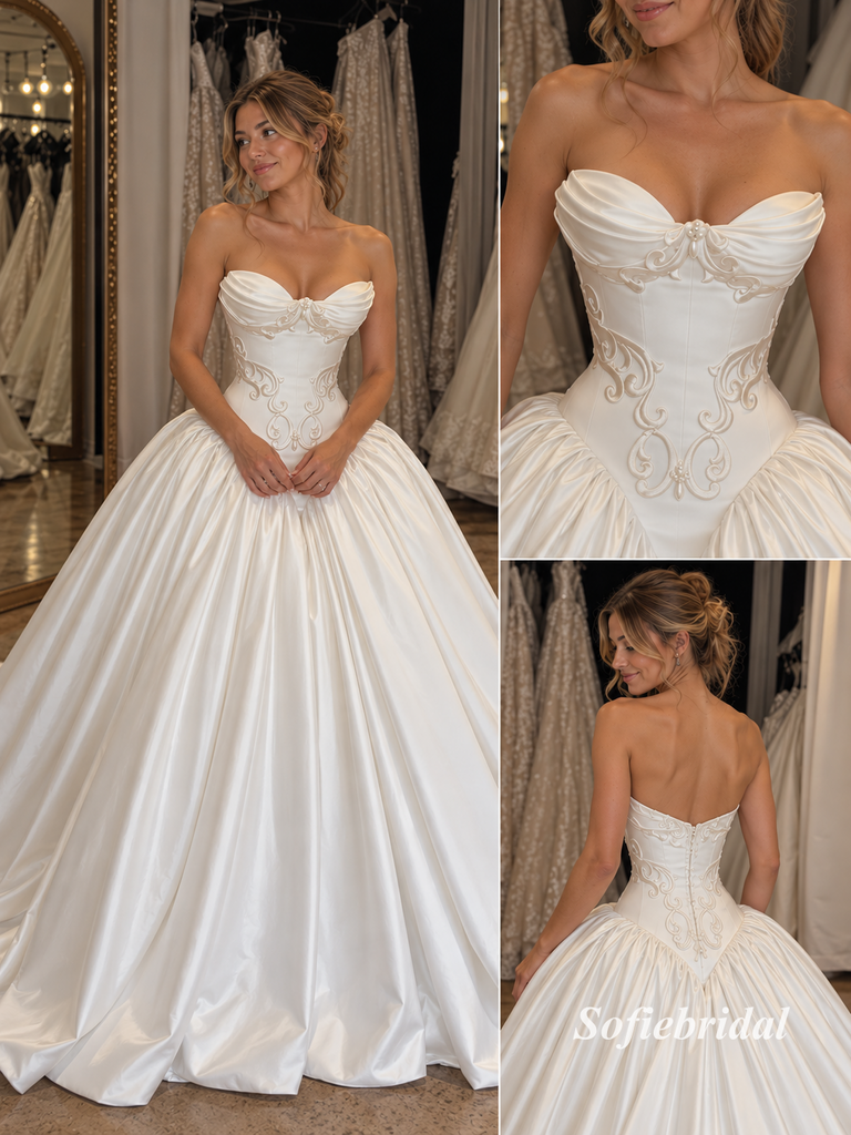 Strapless Sweetheart Satin Corset Ballgown Wedding Dress, Embroidery Bridal Gown with Train, SFWD0132